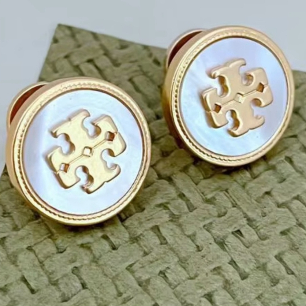 Tory Burch semiprecious ivory round button stud logo earrings - Picture 5 of 9